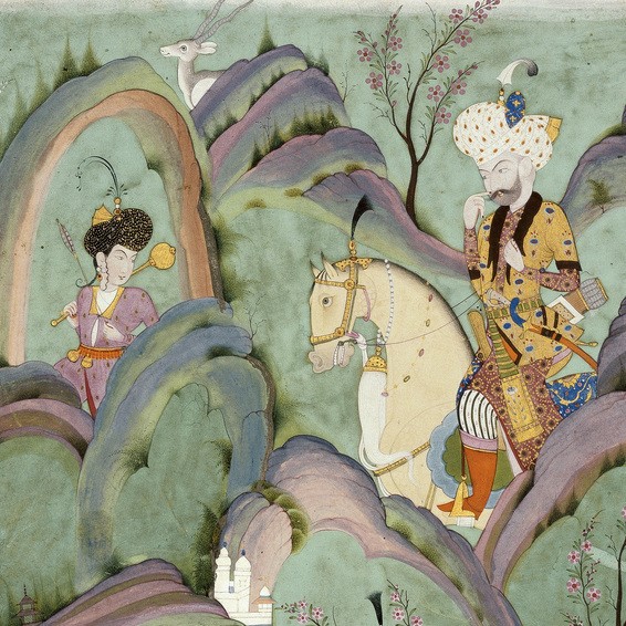 Miniature, "Khusraw betragter den badende Shirin", detalje. Indien, Deccan, Hyderabad, ca. 1720-40