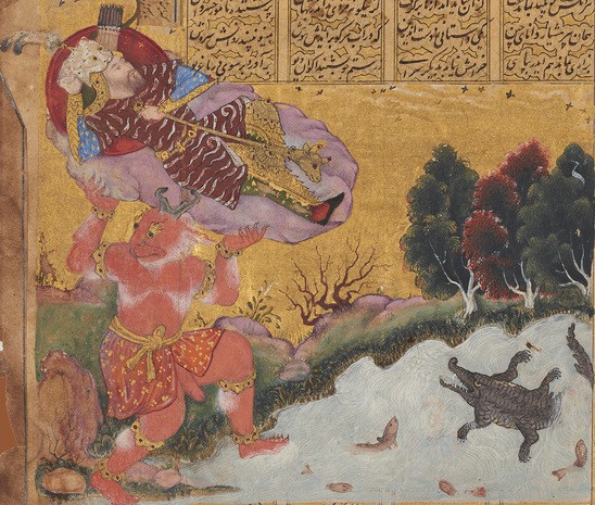 Miniature from Firdawsi's Shahnama, ”Rustam is Cast into the Sea by the Div Akvan”, detail, India, Bijapur; c. 1610